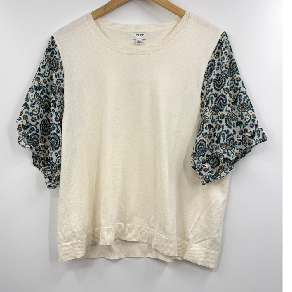 J. Crew Women's Cream Knit Top with‎ Floral Print Flutter Sleeves Size 2X